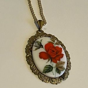 Vintage rose floral pendant necklace